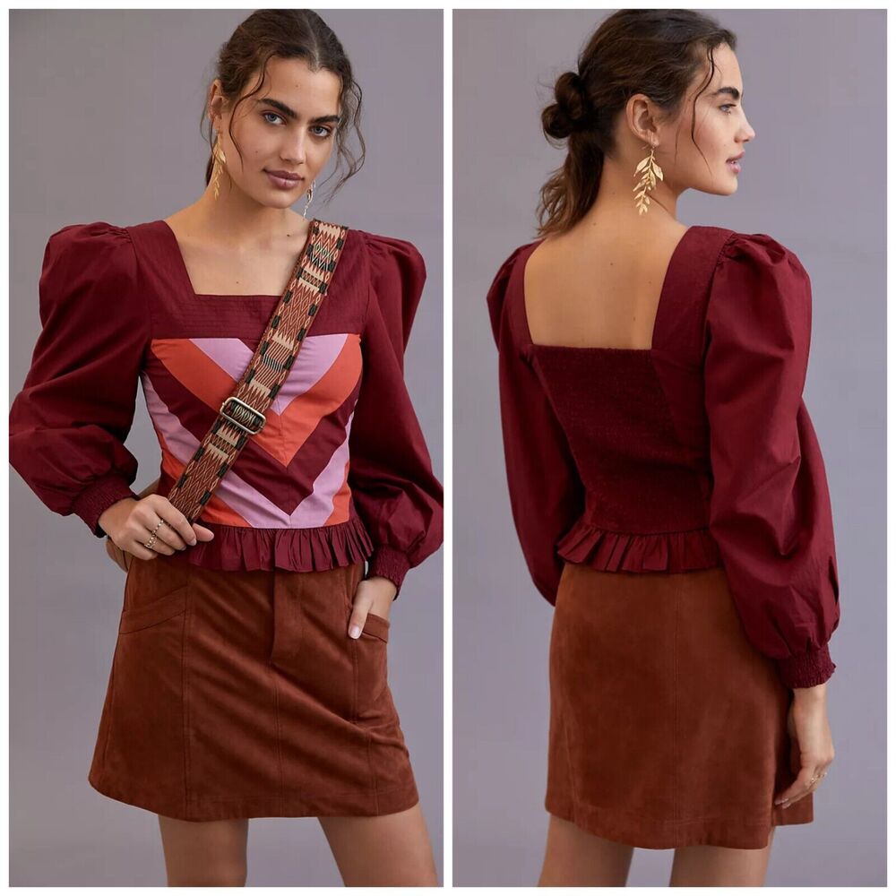 NWT Anthropologie Love The Label Chevron Smocked Puff Sleeve Top Small $180
